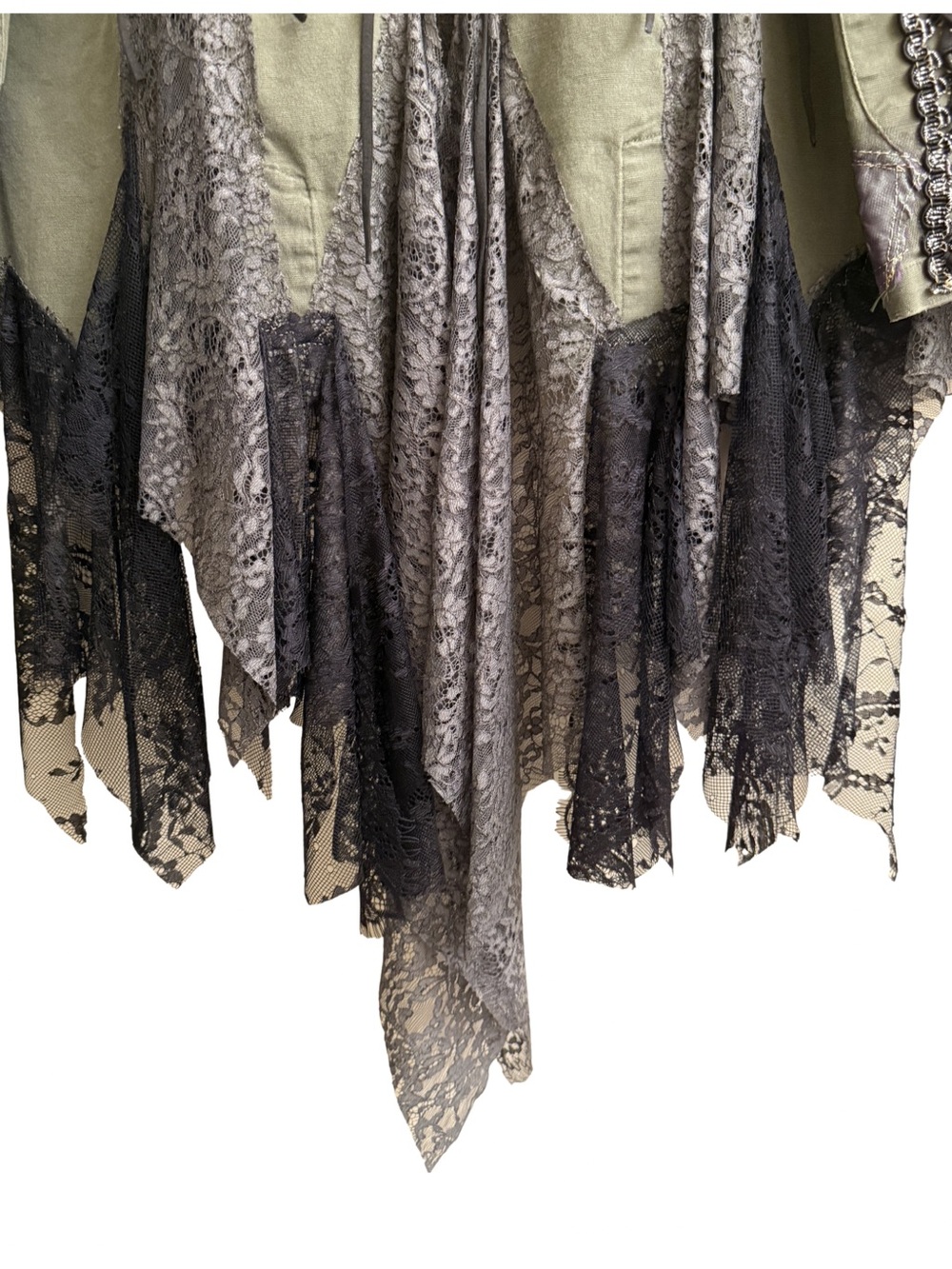 Hand Crafted Olive Green Patchwork Military Jacket with Lace Panels - Picture 9 of 10